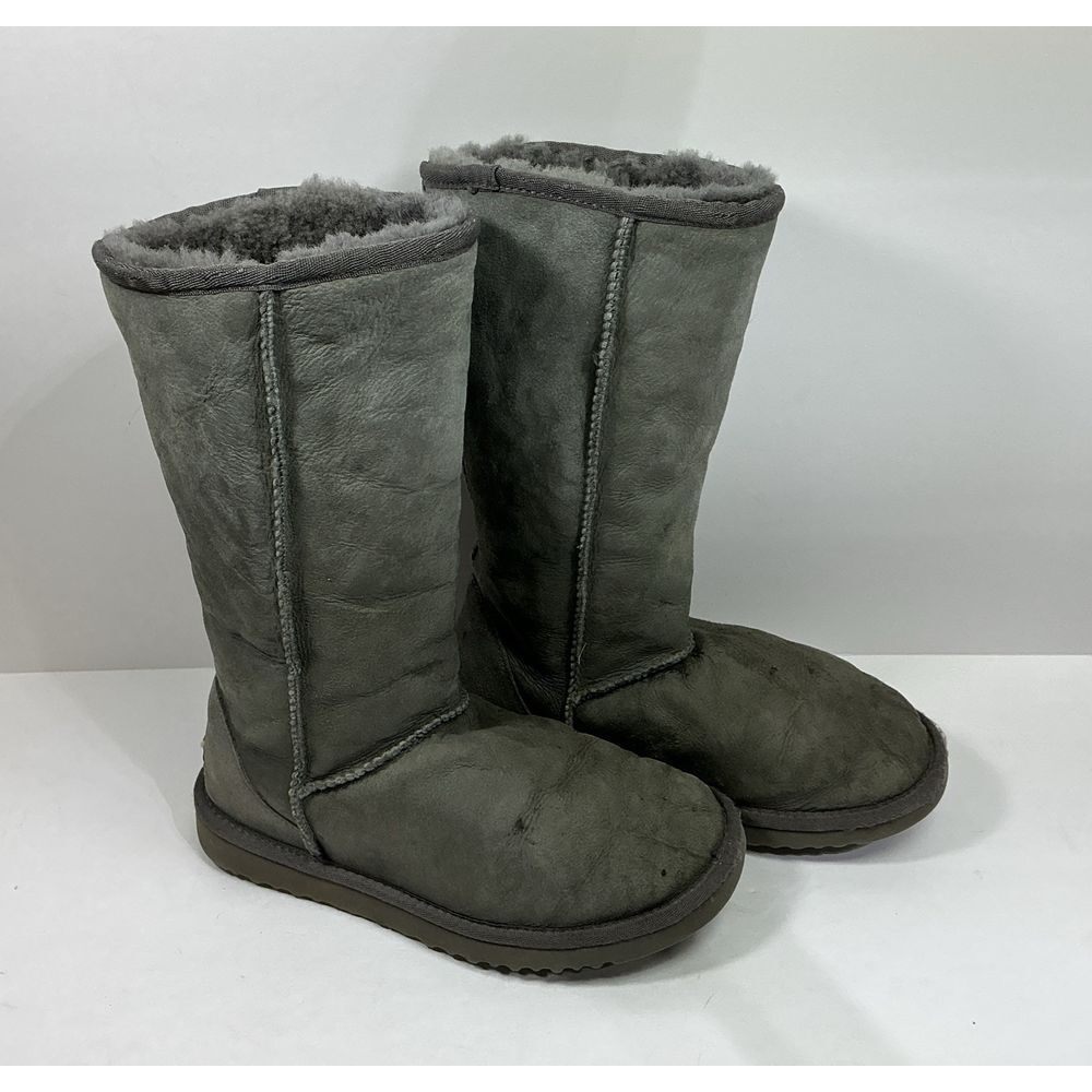 UGG  Australia  Gray Leather Boots Womens‎ Sz 5 Sheepskin Lining Cuff F8008H